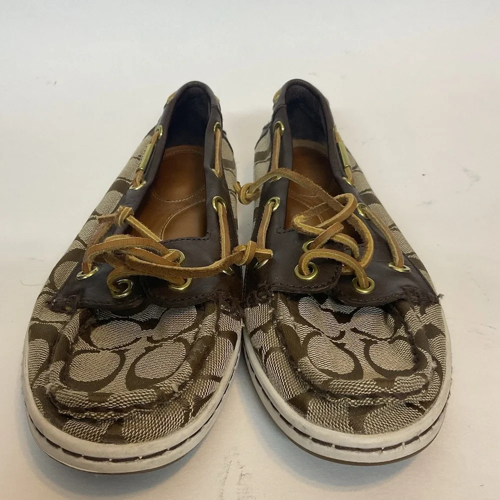 Coach Richelle Topsider Boat Shoes Canvas Leather‎ brown Womens Size 7B Monogram
